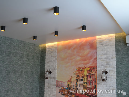 матовый натяжной потолок с черными светильниками